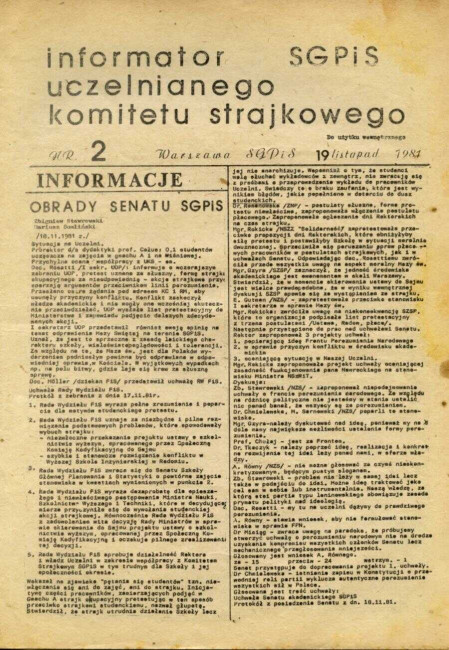 Informator uczelnianego komitetu strajkowego SGPiS 19 listopada 1981 rok 