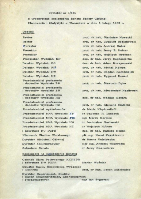 Protokół z uroczystego posiedzenia Senatu Akademickiego SGPiS z dnia 1 lutego 1983 roku