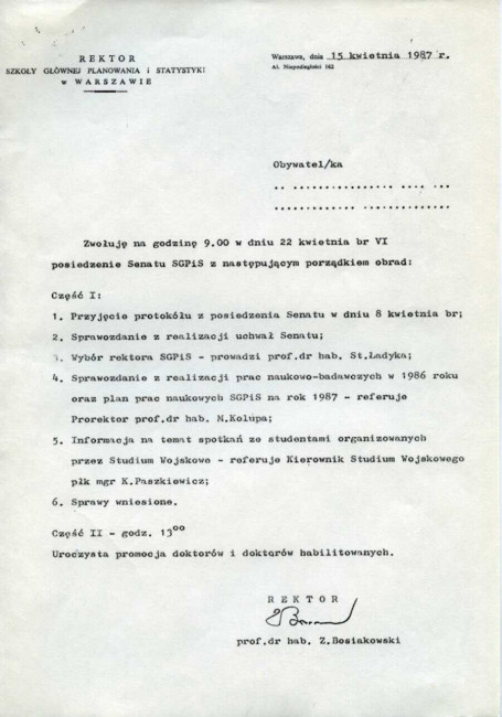 Zaproszenie na posiedzenie Senatu w dniu 22 kwietnia 1987 roku