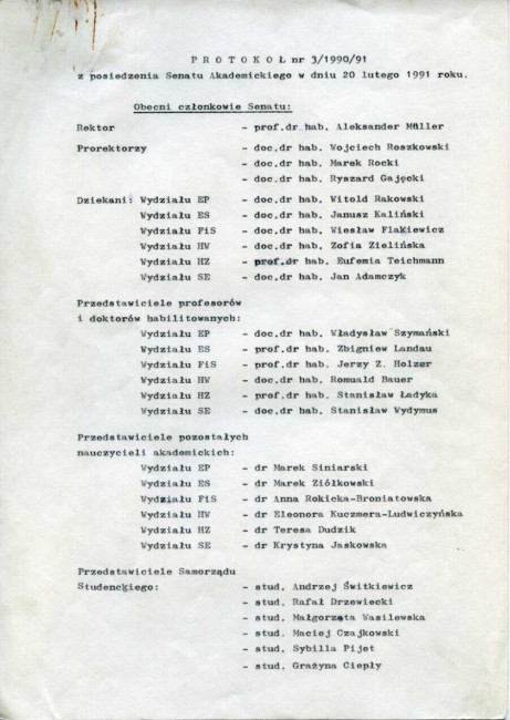 Protokół z posiedzenia Senatu Akademickiego SGPiS  z dnia 20 lutego 1991 roku