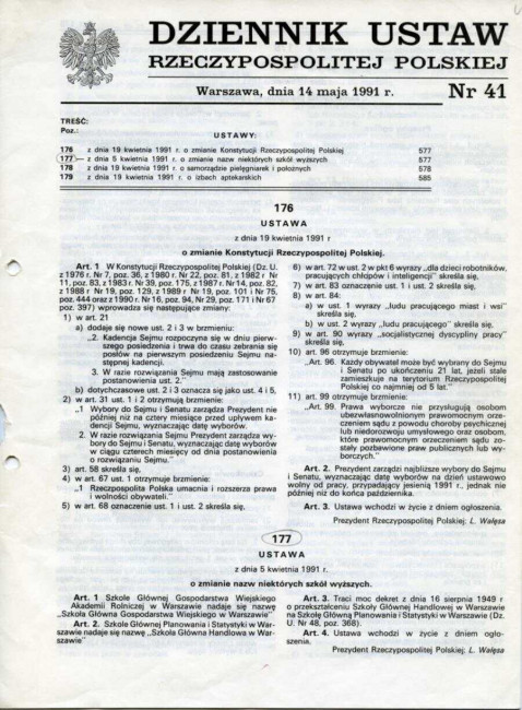 Ustawa z dnia 5 kwietnia 1991 roku o zmianie nazwy Szkoły Głównej Handlowej w Warszawie i przywrócenie Uczelni nazwy Szkoła Główna Handlowa w Warszawie