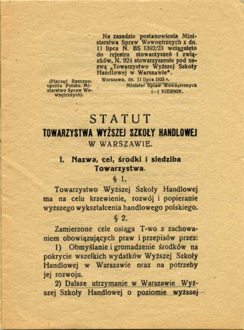 Statut Towarzystwa Wyższej Szkoły Handlowej w Warszawie, 11 lipca 1923 rok