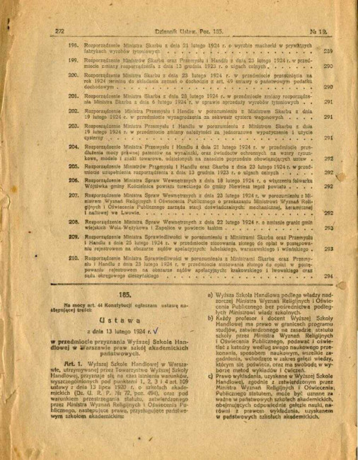 Ustawa z dnia 13 lutego 1924 roku w przedmiocie przyznania Wyższej Szkole Handlowej w Warszawie praw szkół akademickich państwowych
