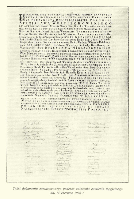 Tekst dokumentu zamurowanego podczas założenia kamienia węgielnego pod Pawilon Zakładów Doświadczalnych WSH (Budynek A) dnia 14 czerwca 1925 roku