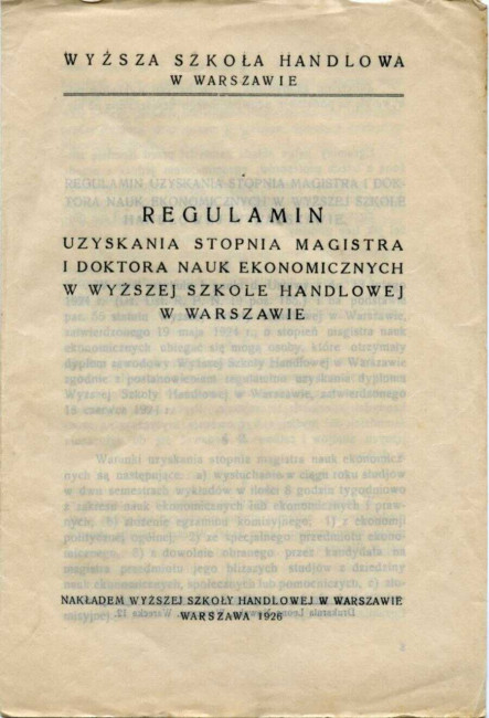 Wyższa Szkoła Handlowa w Warszawie. Regulamin uzyskania stopnia magistra i doktora nauk ekonomicznych w Wyższej Szkole Handlowej w Warszawie, 1926 rok