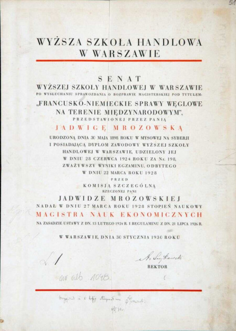 Dyplom ukończenia Wyższej Szkoły Handlowej w Warszawie przez Jadwigę Mrozowską, 1930 rok