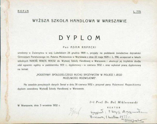 Dyplom ukończenia Wyższej Szkoły Handlowej w Warszawie przez Adama Rapackiego, 1932 rok