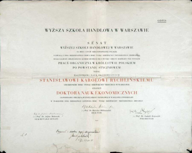 Dyplom doktorski Stanisława Rychlińskiego