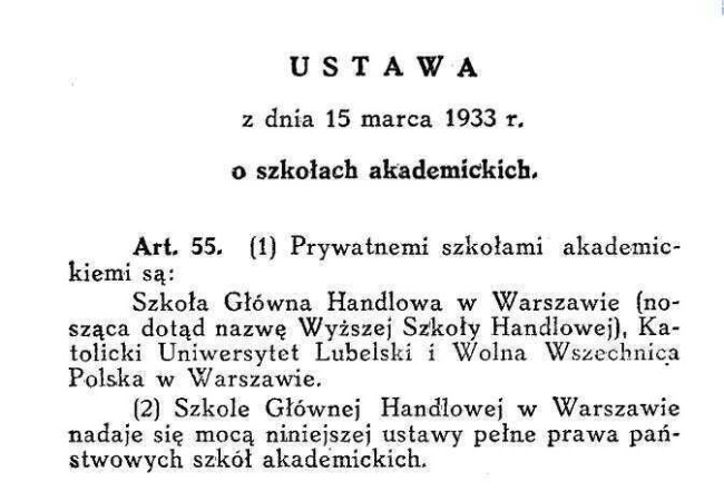 Fragment Ustawy z 15 marca 1933 roku o szkołach akademickich. Nadanie prywatnej Szkole Głównej Handlowej w Warszawie pełnych praw państwowych szkół akademickich