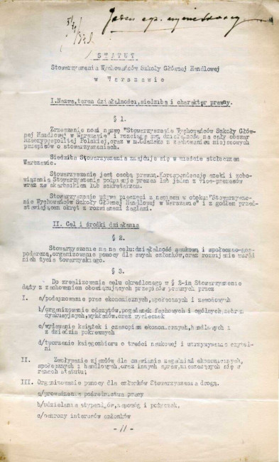 Statut Stowarzyszenia Wychowańców Szkoły Głównej Handlowej w Warszawie, 1933 rok