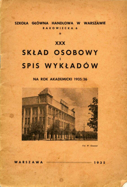 Szkoła Główna Handlowa w Warszawie. Skład osobowy i spis wykładów na rok akademicki 1935/1936 (okładka; pełny tekst - Zbiory: Wykłady i wykładowcy)