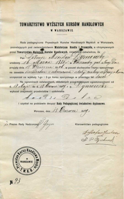 Świadectwo dyplomowe Prywatnych Kursów Handlowych Męskich z 18 czerwca 1909 roku