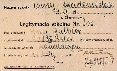 Legitymacja szkolna Kursów Akademickich SGH w Częstochowie z 1945 roku