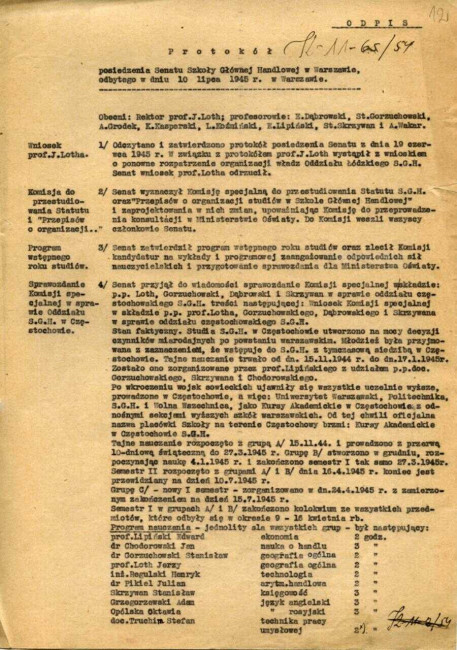 Protokół posiedzenia Senatu Akademickiego SGH 10 lipca 1945 roku