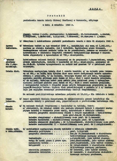 Protokół z posiedzenia Senatu Akademickiego SGH 4 września 1945 roku