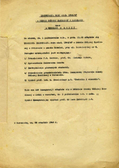 Program inauguracji roku akademickiego 1946/1947