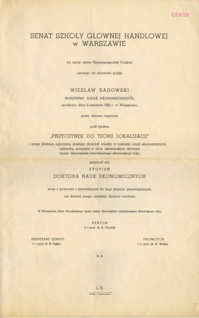 Dyplom doktorski Wiesława Sadowskiego (odpis), 1949 rok