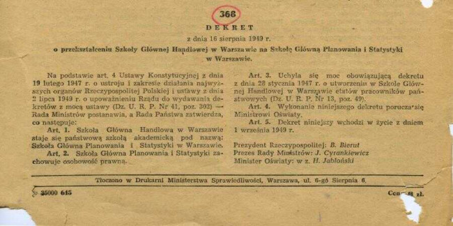 Dekret z dnia 16 sierpnia 1949 roku o przekształceniu Szkoły Głównej Handlowej w Warszawie w Szkołę Główną Planowania i Statystyki w Warszawie