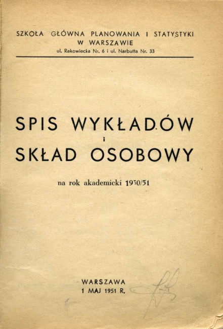 Szkoła Główna Planowania i Statystyki w Warszawie. Spis wykładów i skład osobowy na rok akademicki 1950/1951 (okładka)
