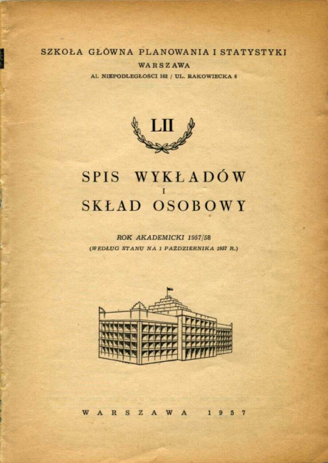 Szkoła Główna Planowania i Statystyki w Warszawie. Spis wykładów i skład osobowy na rok akademicki 1957/1958 (okładka)