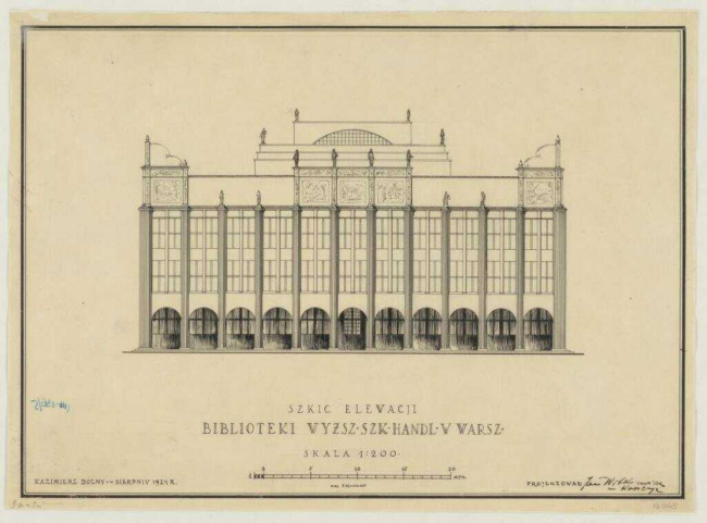 Szkic elewacji Biblioteki Wyższej Szkoły Handlowej w Warszawie, 1924 rok