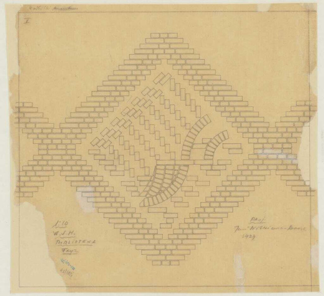 Biblioteka Wyższej Szkoły Handlowej w Warszawie. Projekt elementu fryzu, 1929 rok. Źródło: MAW_IIIb 136-26