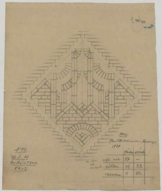 Biblioteka Wyższej Szkoły Handlowej w Warszawie. Projekt elementu fryzu, 1929 rok. Źródło: MAW_IIIb 136-29