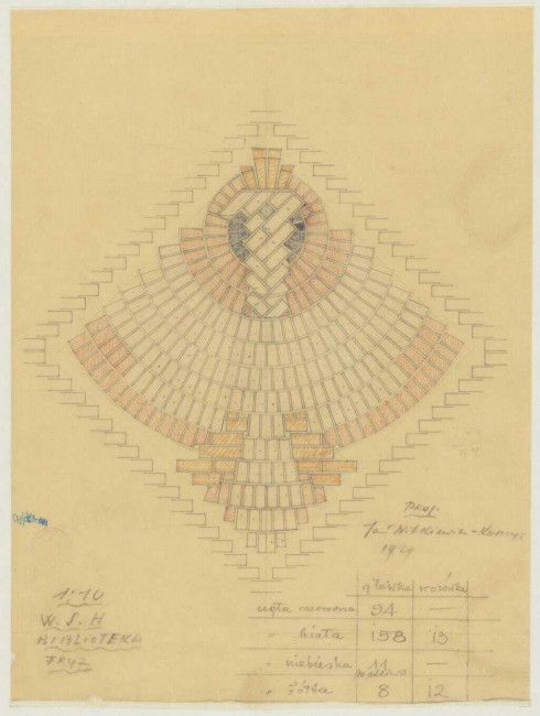 Biblioteka Wyższej Szkoły Handlowej w Warszawie. Projekt elementu fryzu, 1929 rok. Źródło: MAW_IIIb 136-30