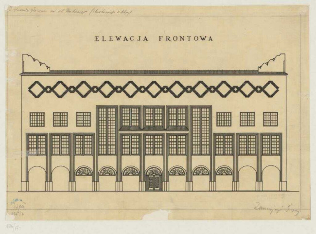Szkic elewacji frontowej Biblioteki Wyższej Szkoły Handlowej w Warszawie, 1924 rok. Źródło: MAW_IIIb 136-17