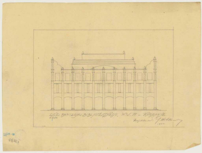 Szkic elewacji frontowej Biblioteki Wyższej Szkoły Handlowej w Warszawie, 1924 rok. Źródło: MAW_IIIb 136-22