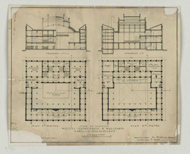 Szkic do projektu Biblioteki Wyższej Szkoły Handlowej w Warszawie, 1924 rok. Źróło: MAW_IIIb 136-10