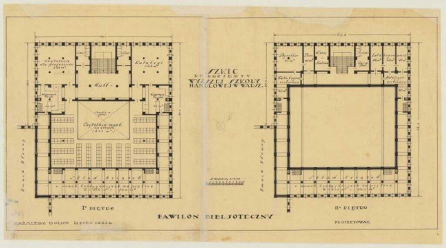 Szkic do projektu Biblioteki Wyższej Szkoły Handlowej w Warszawie. Piętro I i II, 1924 rok. Źródło: MAW_IIIb 136-14