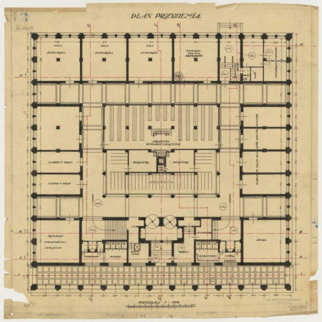 Szkic do projektu Biblioteki Wyższej Szkoły Handlowej w Warszawie, 1924 rok. Źródło: MAW_IIIb 136-13