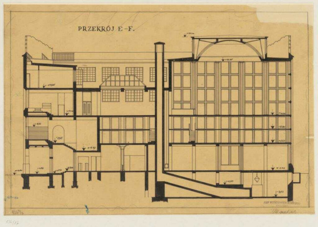 Szkic do projektu Biblioteki Wyższej Szkoły Handlowej w Warszawie. Przekrój poprzeczny, 1924 rok. Źródło: MAW_IIIb 136-16