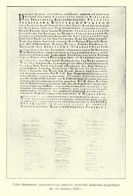 Tekst dokumentu wmurowanego podczas złożenia kamienia węgielnego dnia 14 czerwca 1925 roku