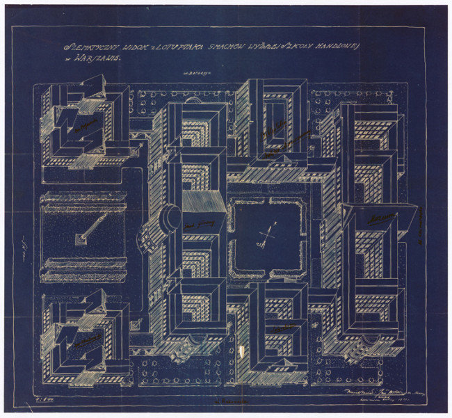 Schematyczny widok z lotu ptaka gmachów WSH. 1922 rok. MAW_III 136-32