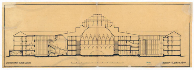 Szkic do projektu WSH. 1923 rok. Przekrój podłużny Gmachu Głównego Źródło: MAW_IIIb 136-4