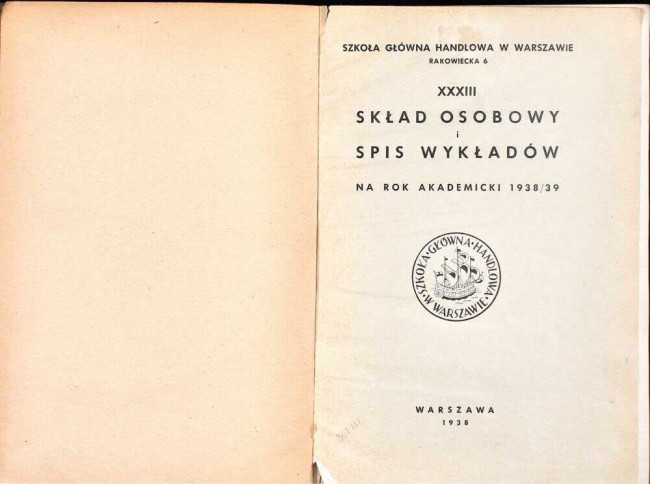 okładka składu osobowego i spisu wykładów na rok akademicki 1938/39