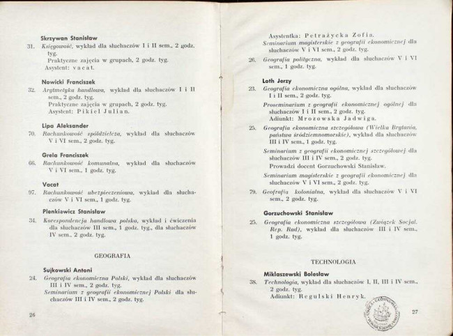 strony składu osobowego i spisu wykładów na rok akademicki 1938/39