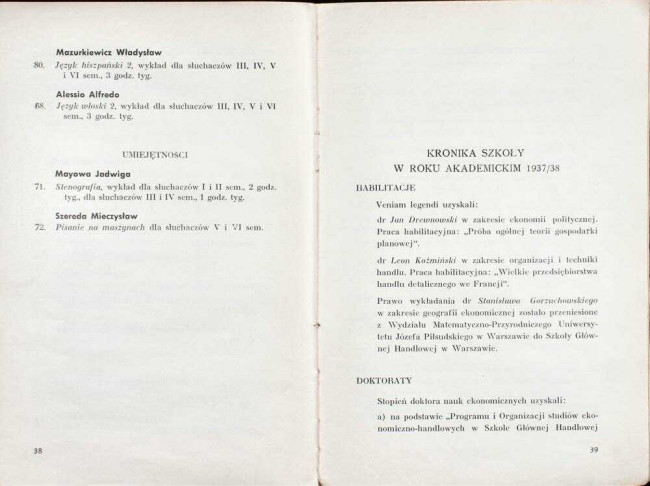 strony składu osobowego i spisu wykładów na rok akademicki 1938/39