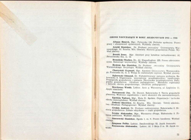 strony składu osobowego i spisu wykładów na rok akademicki 1945/46