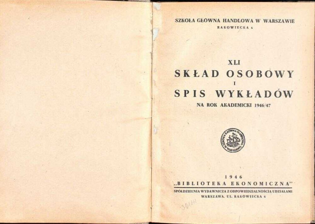 okładka składu osobowego i spisu wykładów na rok akademicki 1946/47
