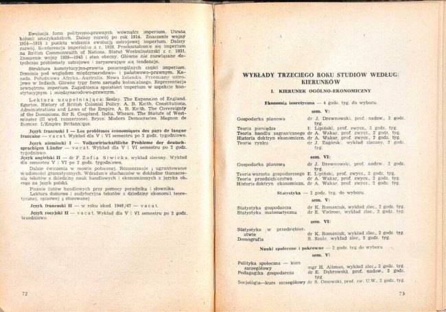 strony składu osobowego i spisu wykładów na rok akademicki 1946/47