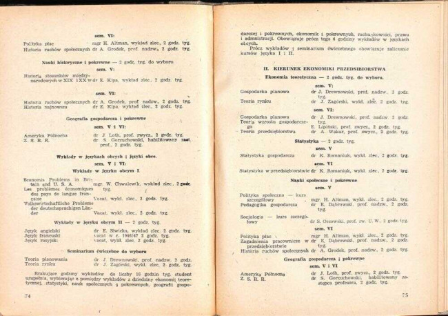 strony składu osobowego i spisu wykładów na rok akademicki 1946/47
