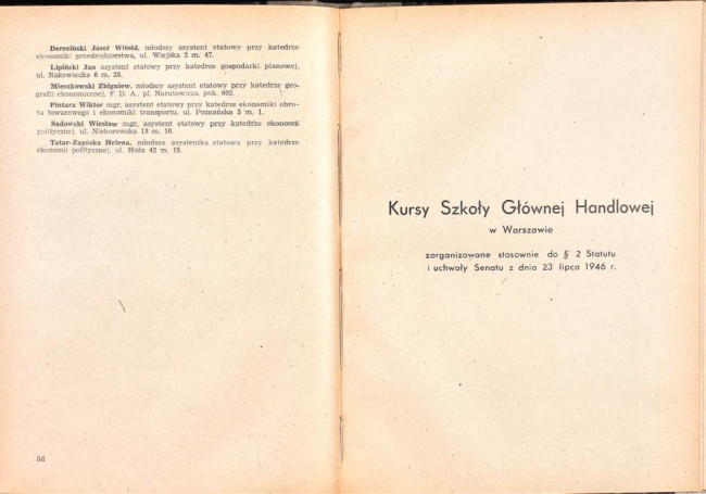 strony składu osobowego i spisu wykładów na rok akademicki 1946/47