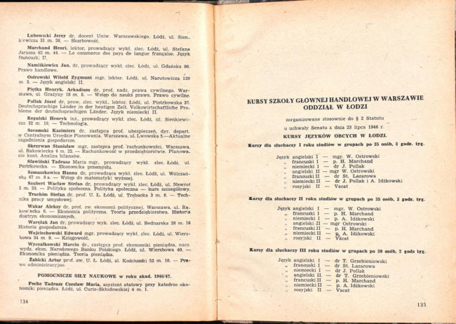 strony składu osobowego i spisu wykładów na rok akademicki 1946/47