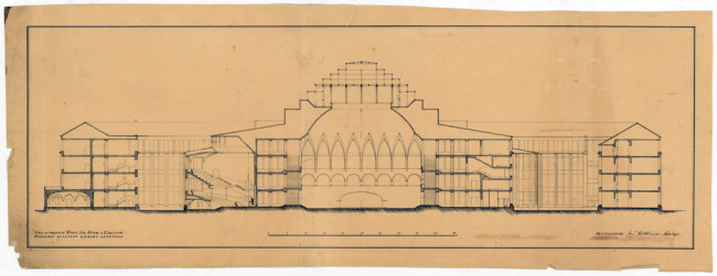 Szkic do projektu Wyższej Szkoły Handlowej. Przekrój podłużny Gmachu Głównego, 1924 rok. Źródło: MAW_IIIb 136-38