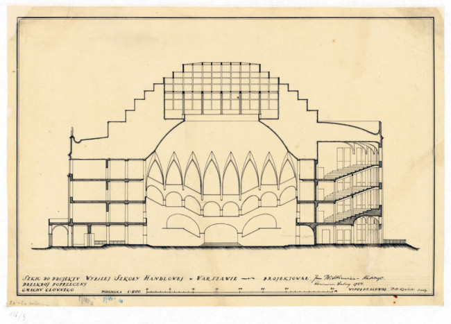 Szkic do projektu Wyższej Szkoły Handlowej. Przekrój poprzeczny Gmachu Głównego, 1924 rok. Źródło: MAW_IIIb 136-9