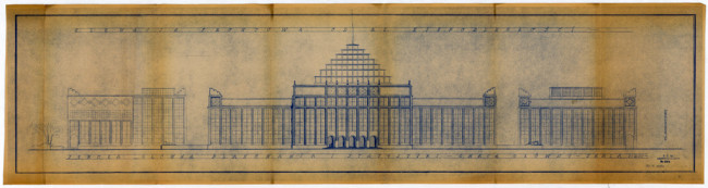 Projekt Gmachu Głównego SGPiS. Elewacja frontowa od al. Niepodległości. 1950. Źródło: MAW_IIIb 137-16 