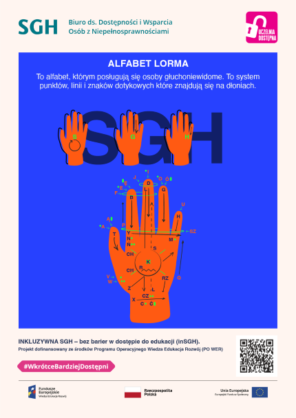 Akronim SGH przedstawiony za pomocą alfabetu Lorma. Pomarańczowe dłonie na niebieskim tle. ALFABET LORMA To alfabet, którym posługują się osoby głuchoniewidome. To system punktów, linii i znaków dotykowych, które znajdują się na dłoniach. Inkluzywna SGH – bez barier w dostępie do edukacji (inSGH), projekt dofinansowany ze środków Programu Operacyjnego Wiedza Edukacja Rozwój (PO WER)